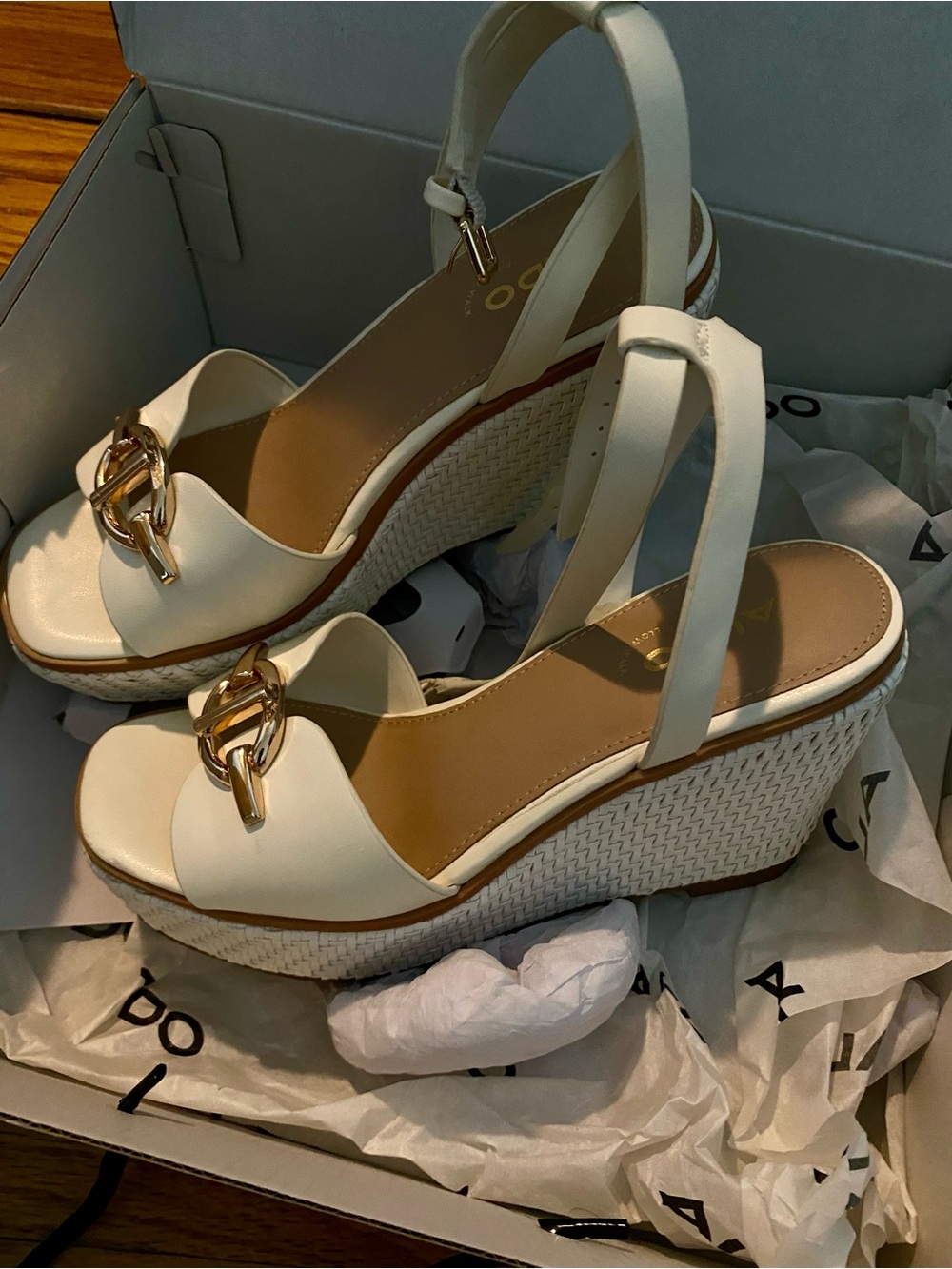 Aldo Ivory Wedge Sandals with Gold Chain Detail
